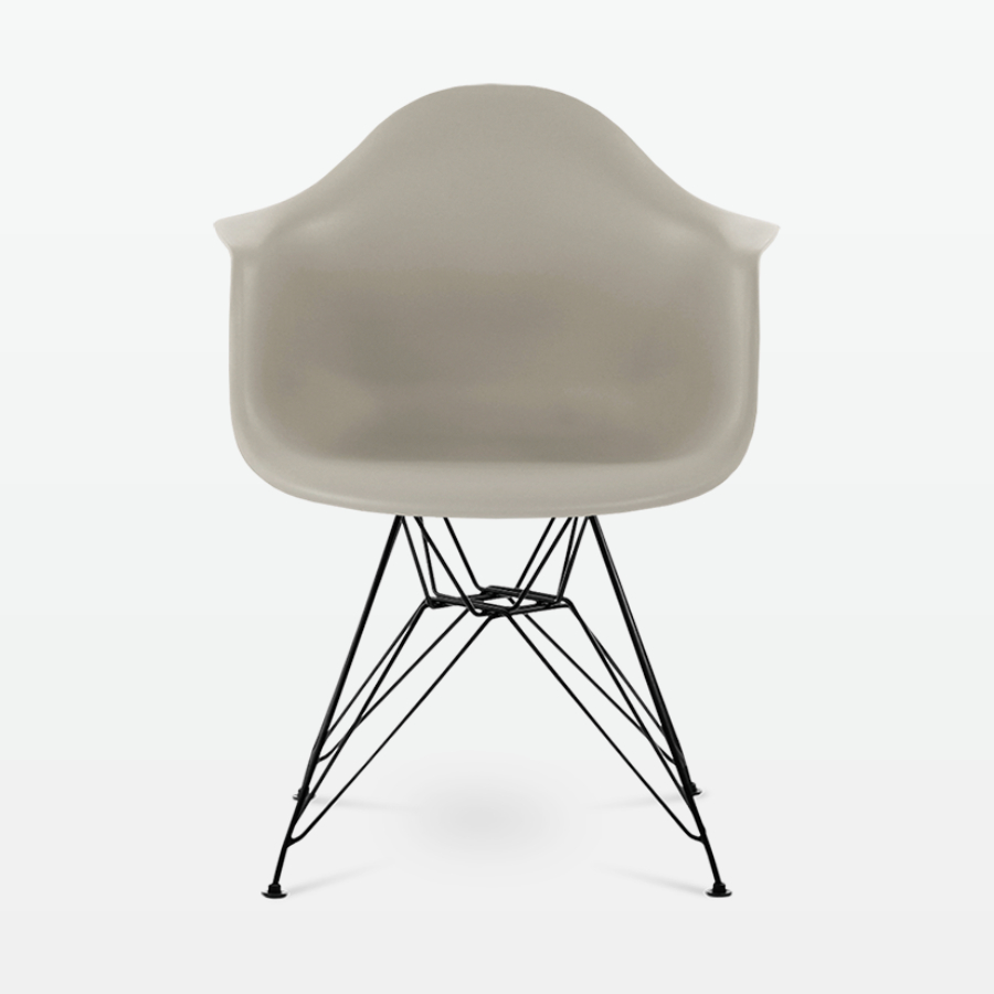 Designer Plastic Dining Armchair in Beige & Black Metal Legs - front