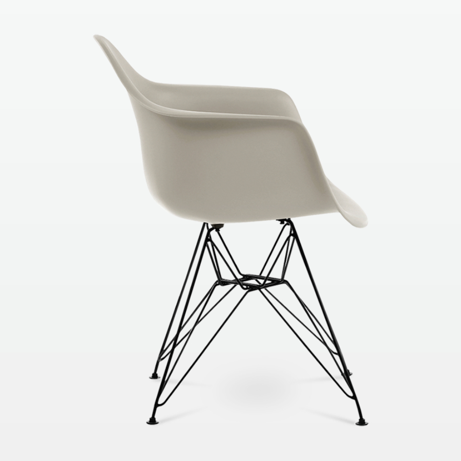 Designer Plastic Dining Armchair in Beige & Black Metal Legs - side