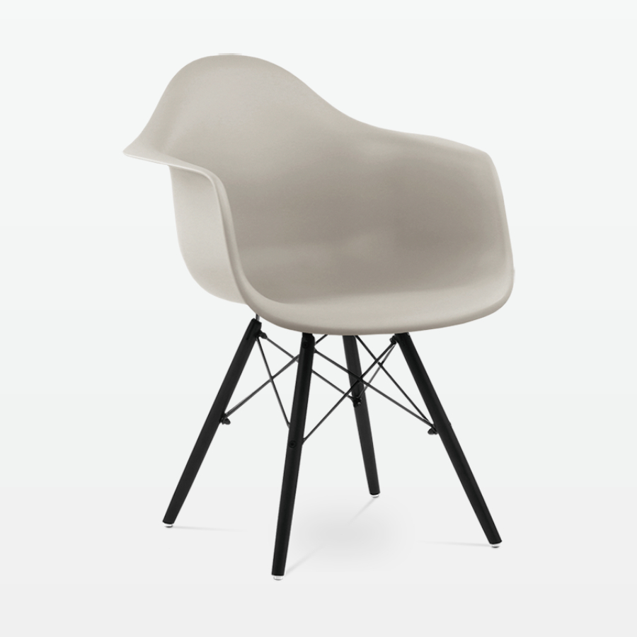 Designer Plastic Dining Armchair in Beige & Black Wood Legs - front angle