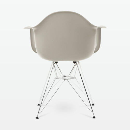 Designer Plastic Dining Armchair in Beige & Chrome Metal Legs - back