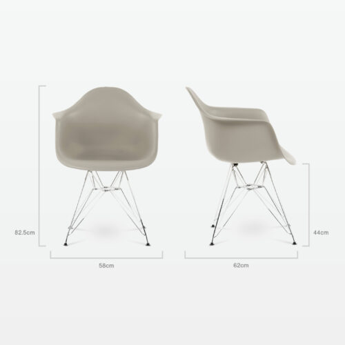 Designer Plastic Dining Armchair in Beige & Chrome Metal Legs - dimensions