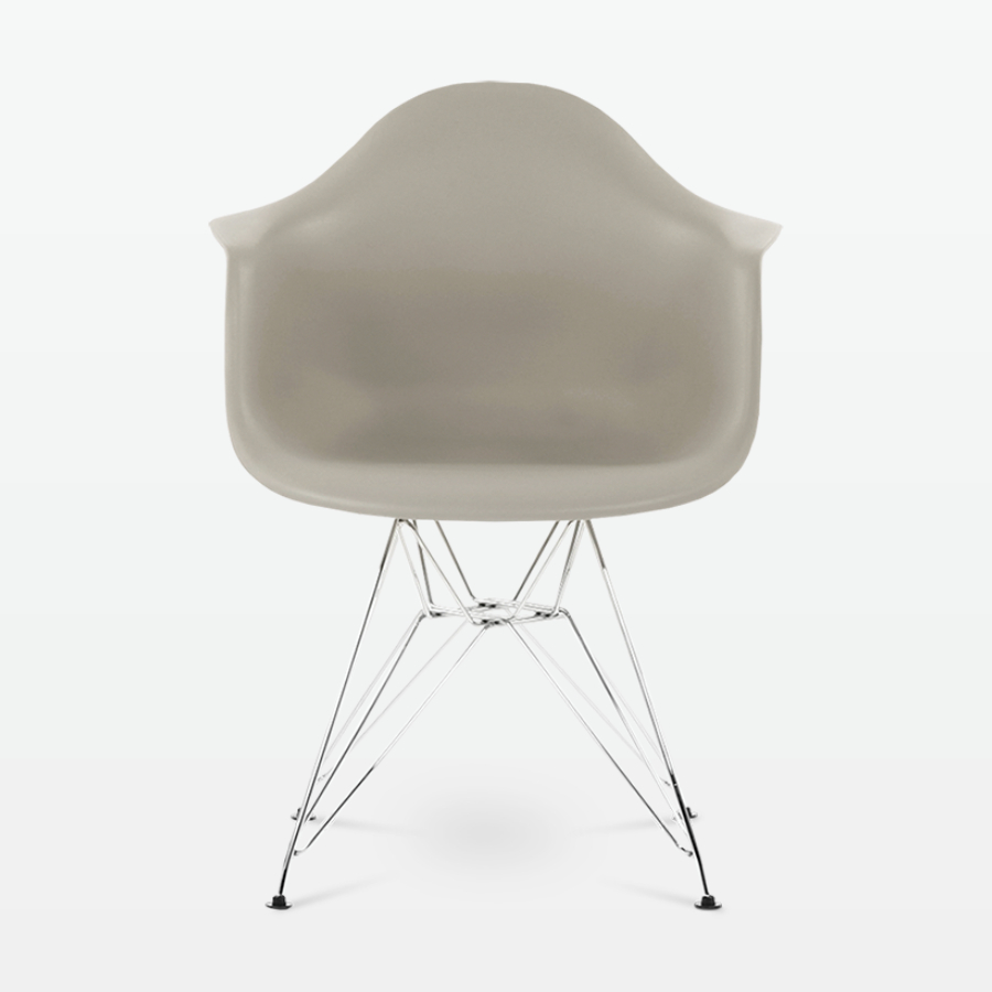 Designer Plastic Dining Armchair in Beige & Chrome Metal Legs - front