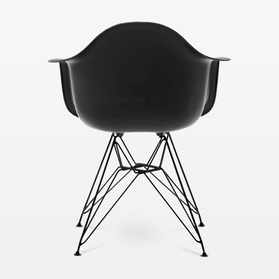 Designer Plastic Dining Armchair in Black & Black Metal Legs - back