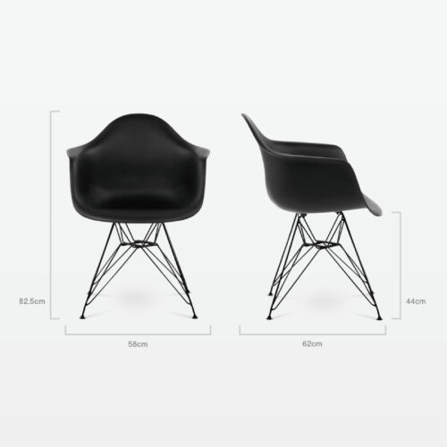 Designer Plastic Dining Armchair in Black & Black Metal Legs - dimensions