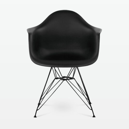 Designer Plastic Dining Armchair in Black & Black Metal Legs - front