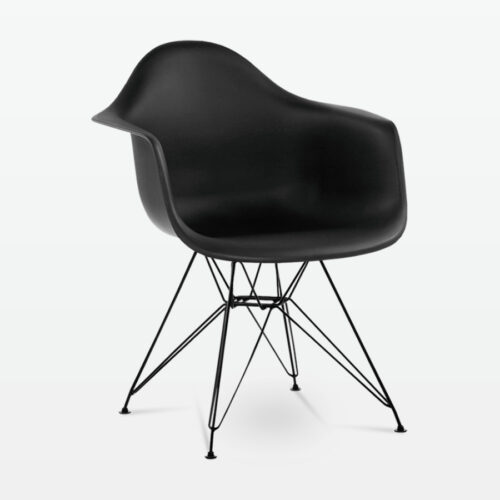 Designer Plastic Dining Armchair in Black & Black Metal Legs - front angle