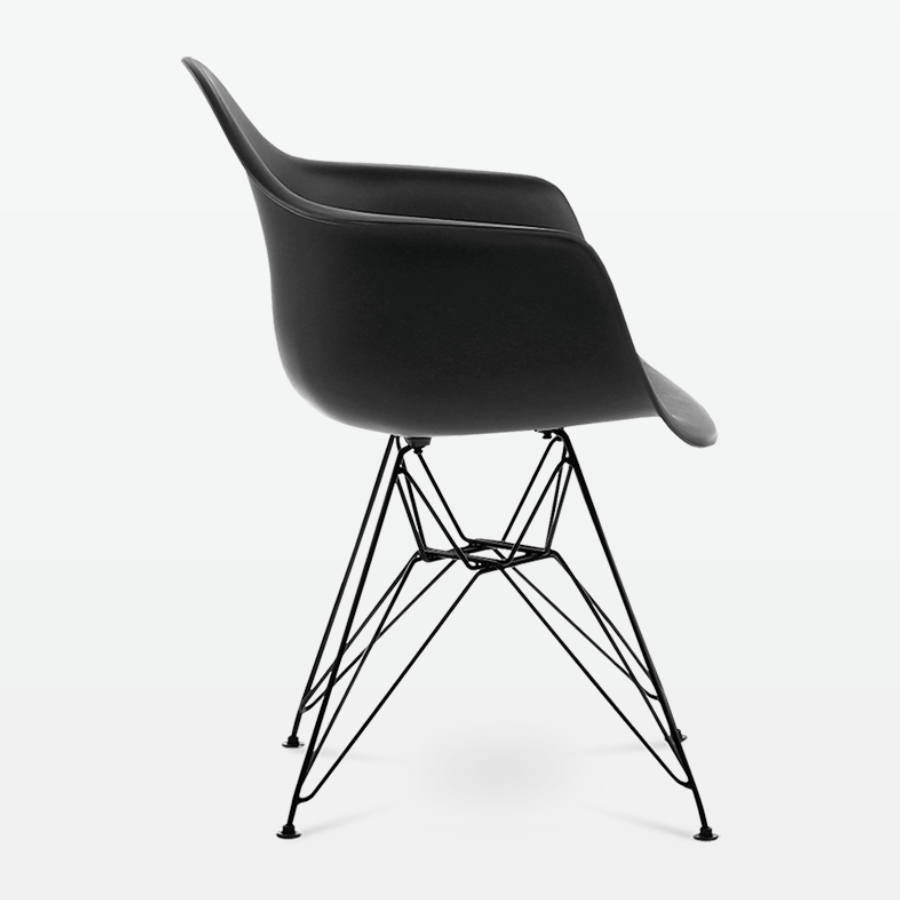 Designer Plastic Dining Armchair in Black & Black Metal Legs - side