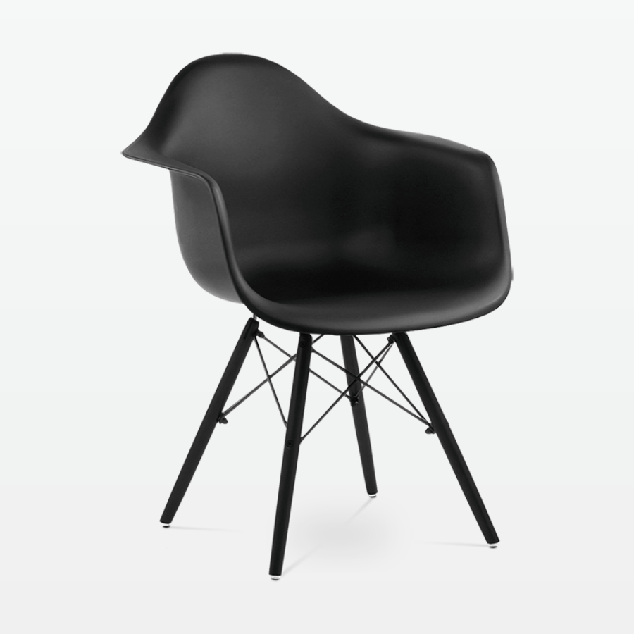 Designer Plastic Dining Armchair in Black & Black Wood Legs - front angle
