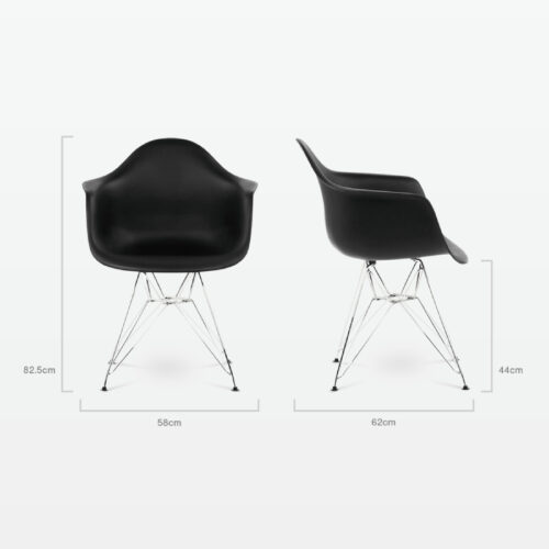 Designer Plastic Dining Armchair in Black & Chrome Metal Legs - dimensions