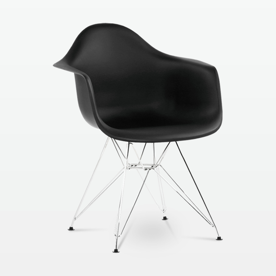 Designer Plastic Dining Armchair in Black & Chrome Metal Legs - front angle