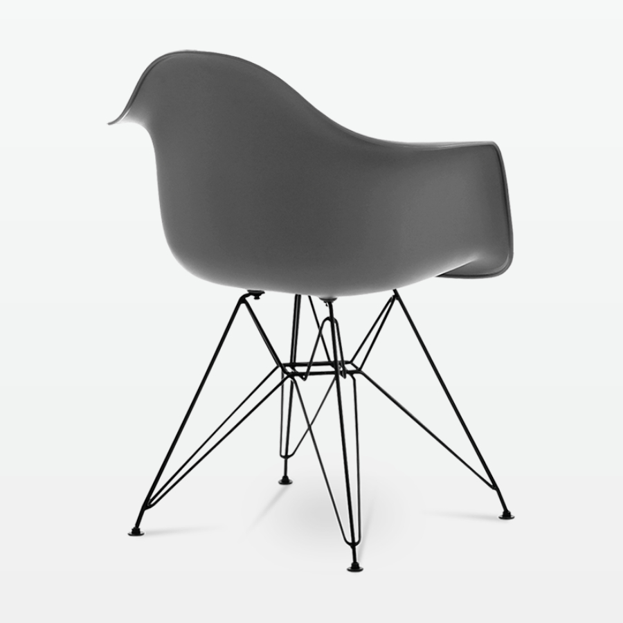 Designer Plastic Dining Armchair in Dark Grey & Black Metal Legs - back angle