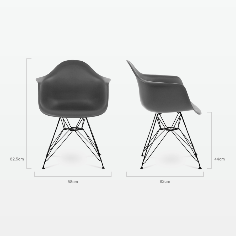 Designer Plastic Dining Armchair in Dark Grey & Black Metal Legs - dimensions