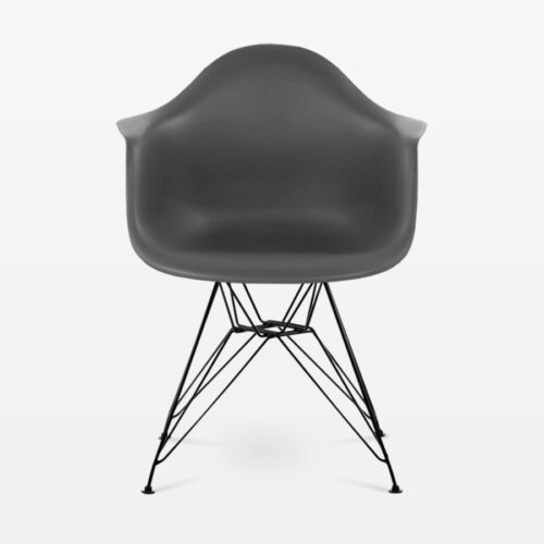 Designer Plastic Dining Armchair in Dark Grey & Black Metal Legs - front