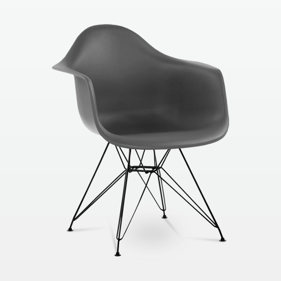 Designer Plastic Dining Armchair in Dark Grey & Black Metal Legs - front angle