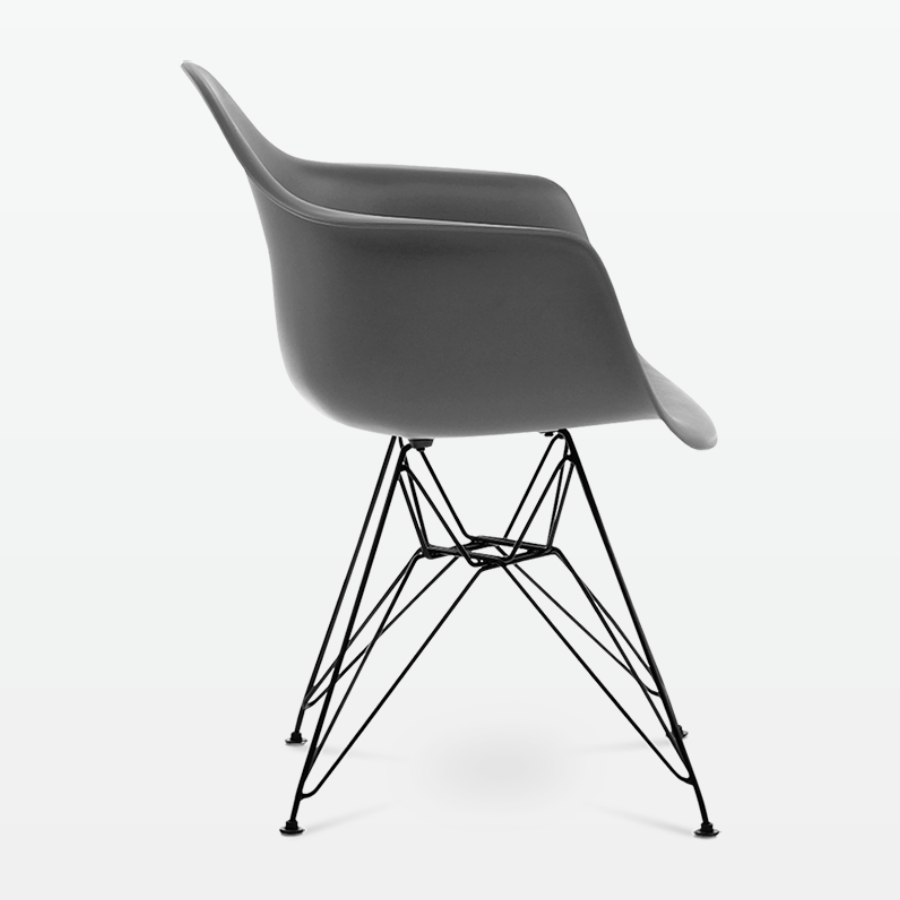 Designer Plastic Dining Armchair in Dark Grey & Black Metal Legs - side