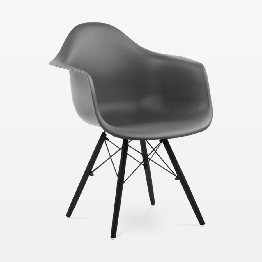 Designer Plastic Dining Armchair in Dark Grey & Black Wood Legs - front angle