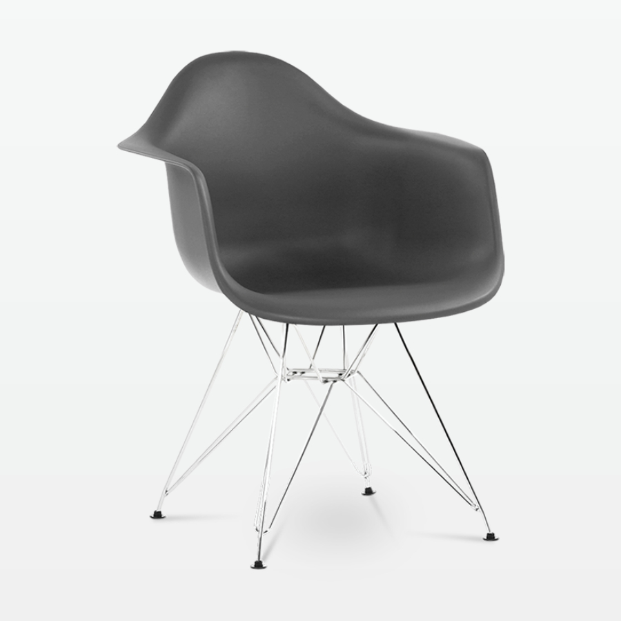 Designer Plastic Dining Armchair in Dark Grey & Chrome Metal Legs - front angle