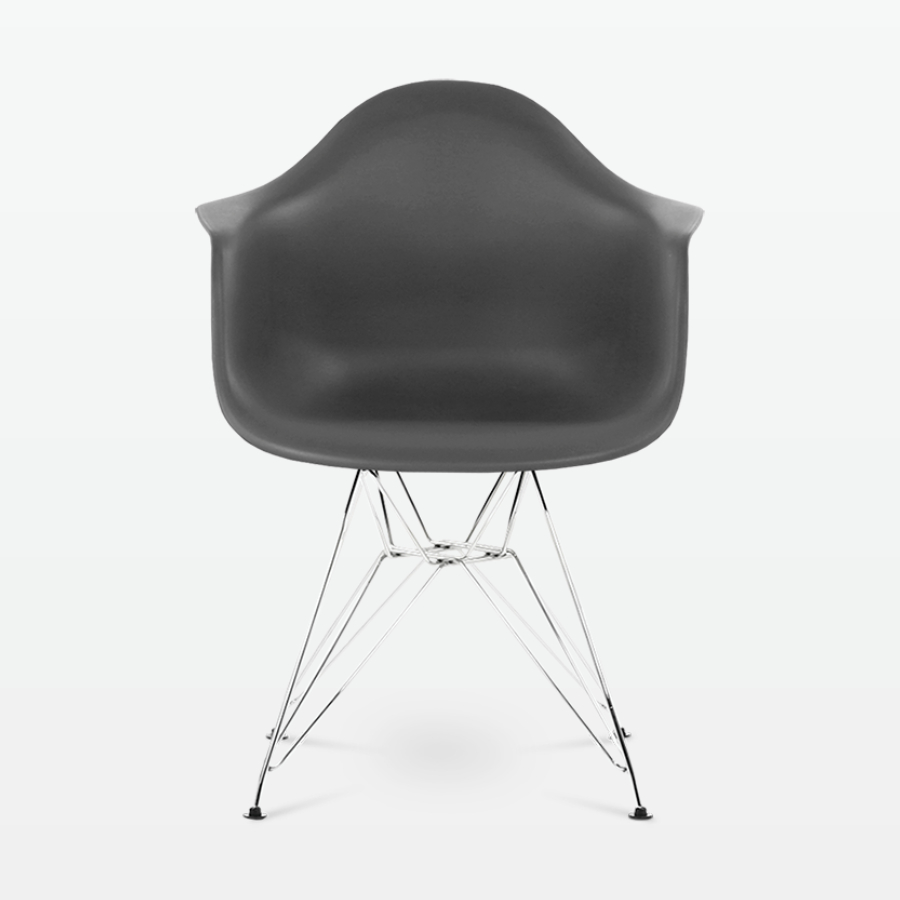 Designer Plastic Dining Armchair in Dark Grey & Chrome Metal Legs - front