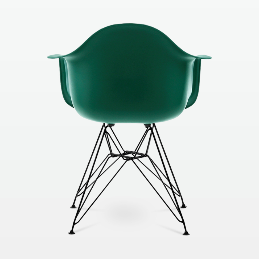 Designer Plastic Dining Armchair in Forest Green & Black Metal Legs - back