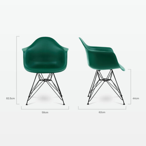 Designer Plastic Dining Armchair in Forest Green & Black Metal Legs - dimensions