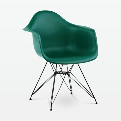 Designer Plastic Dining Armchair in Forest Green & Black Metal Legs - front angle