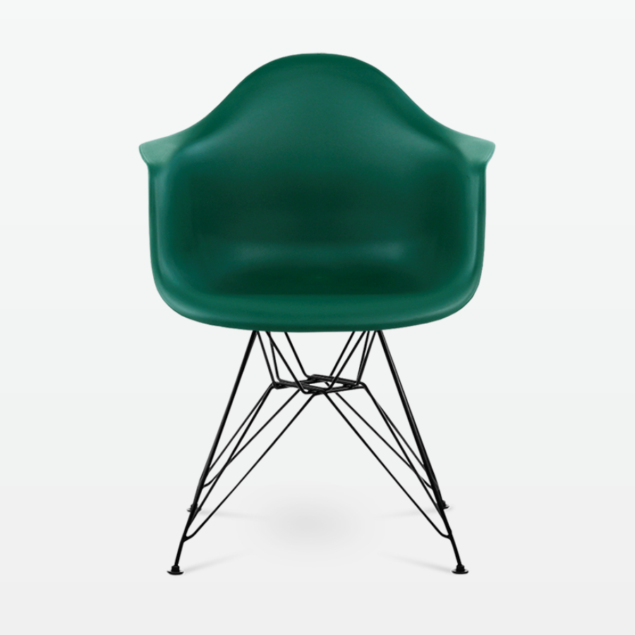 Designer Plastic Dining Armchair in Forest Green & Black Metal Legs - front