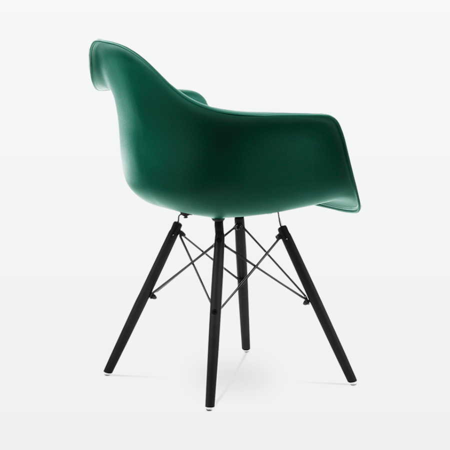 Designer Plastic Dining Armchair in Forest Green & Black Wood Legs - back angle