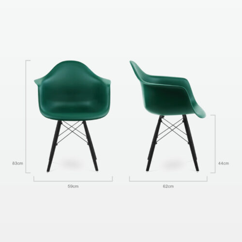 Designer Plastic Dining Armchair in Forest Green & Black Wood Legs - dimensions