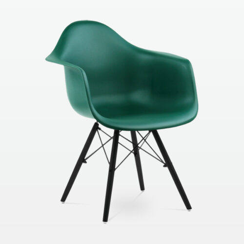 Designer Plastic Dining Armchair in Forest Green & Black Wood Legs - front angle
