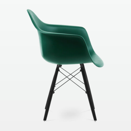 Designer Plastic Dining Armchair in Forest Green & Black Wood Legs - side