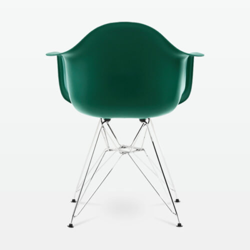 Designer Plastic Dining Armchair in Forest Green & Chrome Metal Legs - back