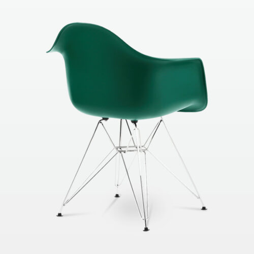 Designer Plastic Dining Armchair in Forest Green & Chrome Metal Legs - back angle