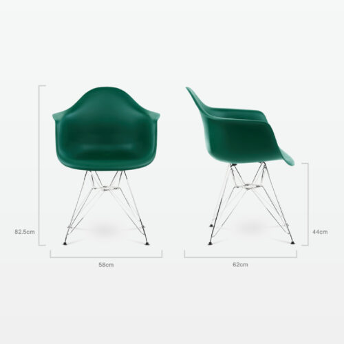 Designer Plastic Dining Armchair in Forest Green & Chrome Metal Legs - dimensions
