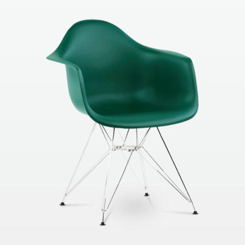 Designer Plastic Dining Armchair in Forest Green & Chrome Metal Legs - front angle