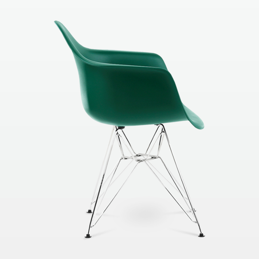Designer Plastic Dining Armchair in Forest Green & Chrome Metal Legs - side