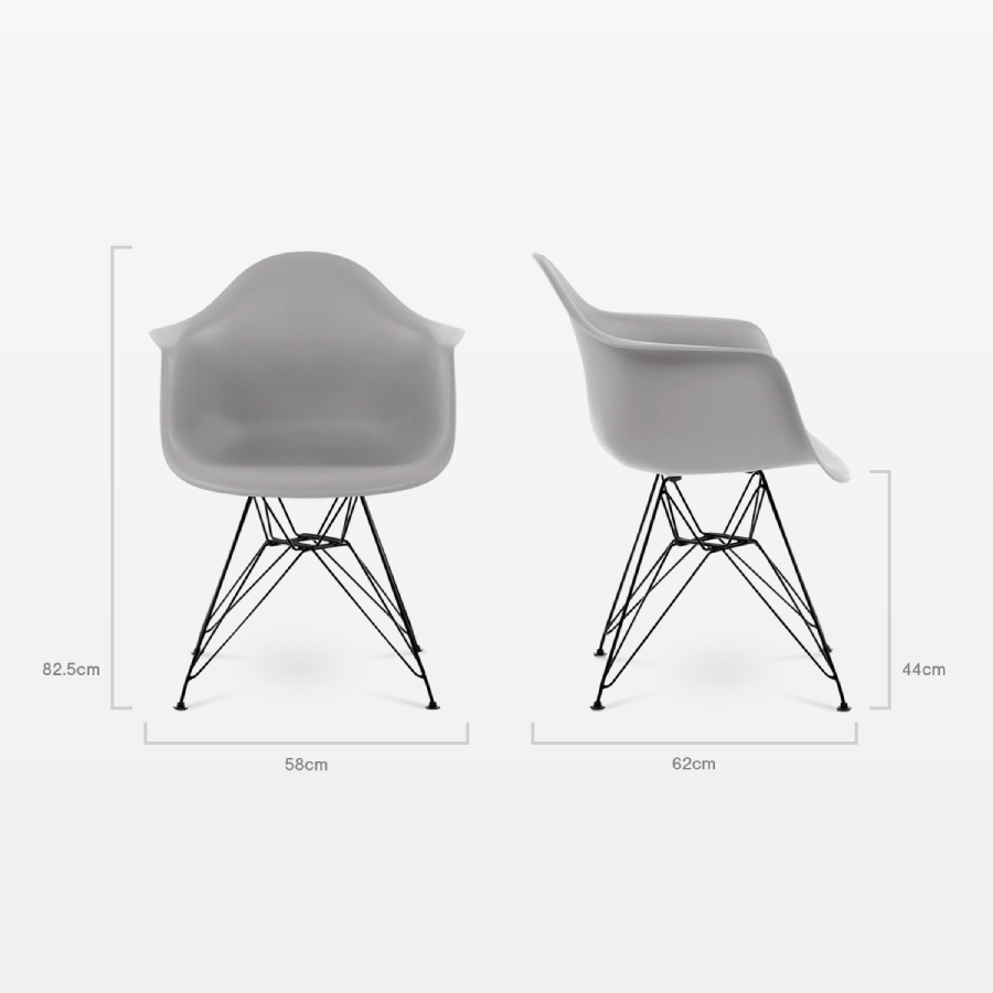 Designer Plastic Dining Armchair in Mid Grey & Black Metal Legs - dimensions