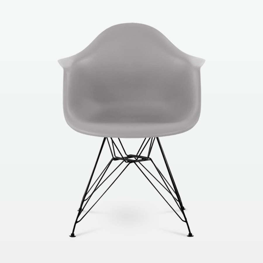 Designer Plastic Dining Armchair in Mid Grey & Black Metal Legs - front