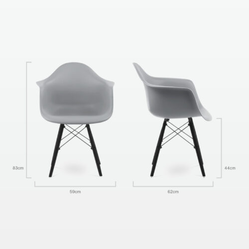 Designer Plastic Dining Armchair in Mid Grey & Black Wood Legs - dimensions
