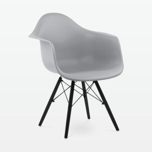 Designer Plastic Dining Armchair in Mid Grey & Black Wood Legs - front angle