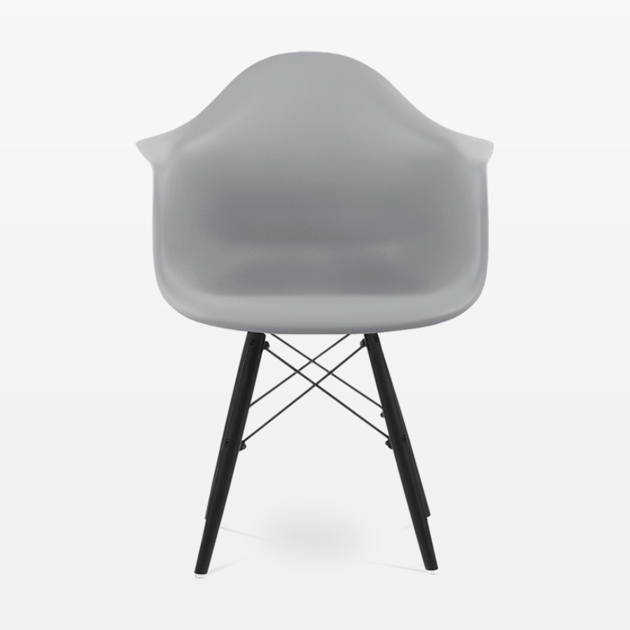 Designer Plastic Dining Armchair in Mid Grey & Black Wood Legs - front