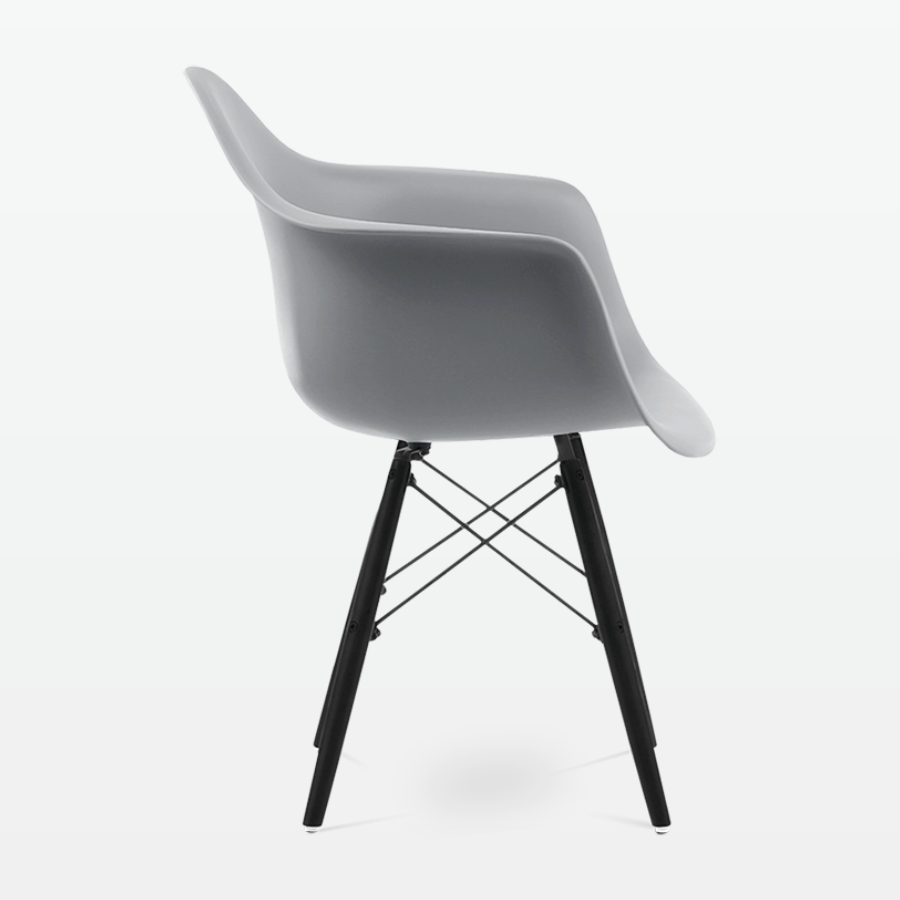 Designer Plastic Dining Armchair in Mid Grey & Black Wood Legs - side