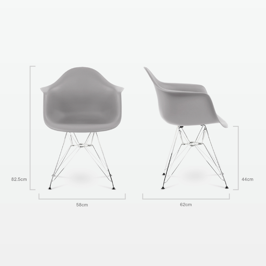 Designer Plastic Dining Armchair in Mid Grey & Chrome Metal Legs - dimensions
