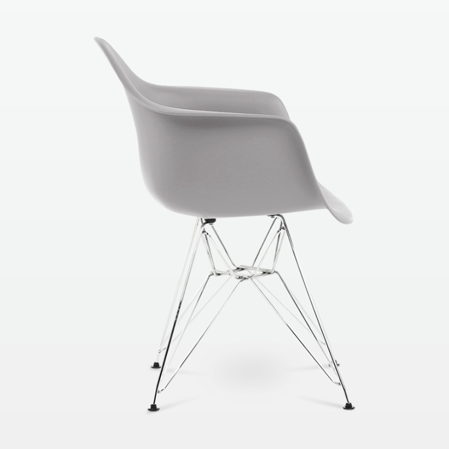 Designer Plastic Dining Armchair in Mid Grey & Chrome Metal Legs - side