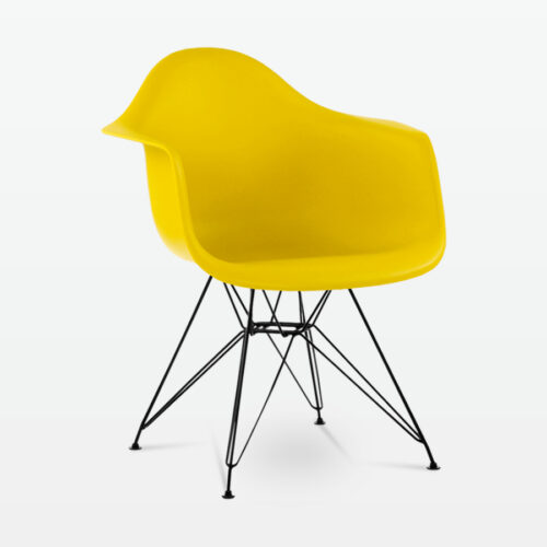 Designer Plastic Dining Armchair in Mustard & Black Metal Legs - front angle