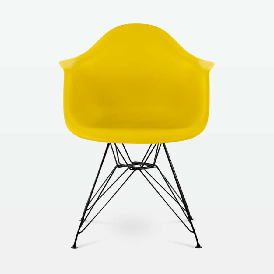 Designer Plastic Dining Armchair in Mustard & Black Metal Legs - front