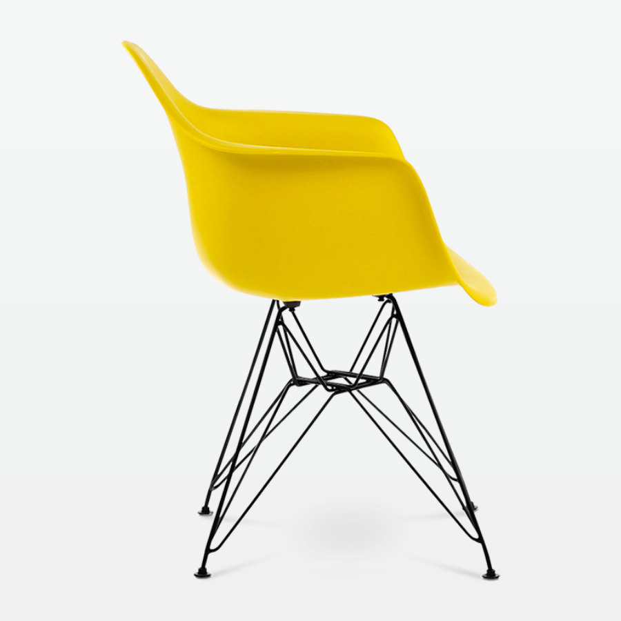 Designer Plastic Dining Armchair in Mustard & Black Metal Legs - side