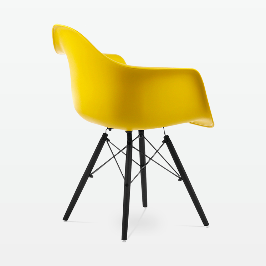 Designer Plastic Dining Armchair in Mustard & Black Wood Legs - back angle
