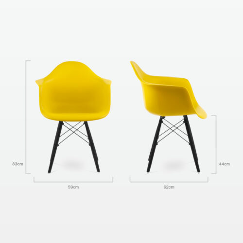Designer Plastic Dining Armchair in Mustard & Black Wood Legs - dimensions