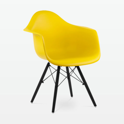 Designer Plastic Dining Armchair in Mustard & Black Wood Legs - front angle