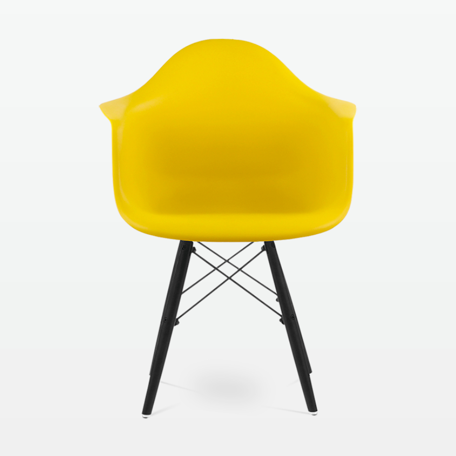 Designer Plastic Dining Armchair in Mustard & Black Wood Legs - front